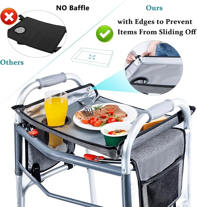 BAGSFY Walker Tray with Cup Holder & Side Pocket – Hard Top Walker Table for Seniors – Folding Walker Accessory for Meals, Reading, Drinks – Non-Slip Surface, Tool-Free Install, Universal Fit