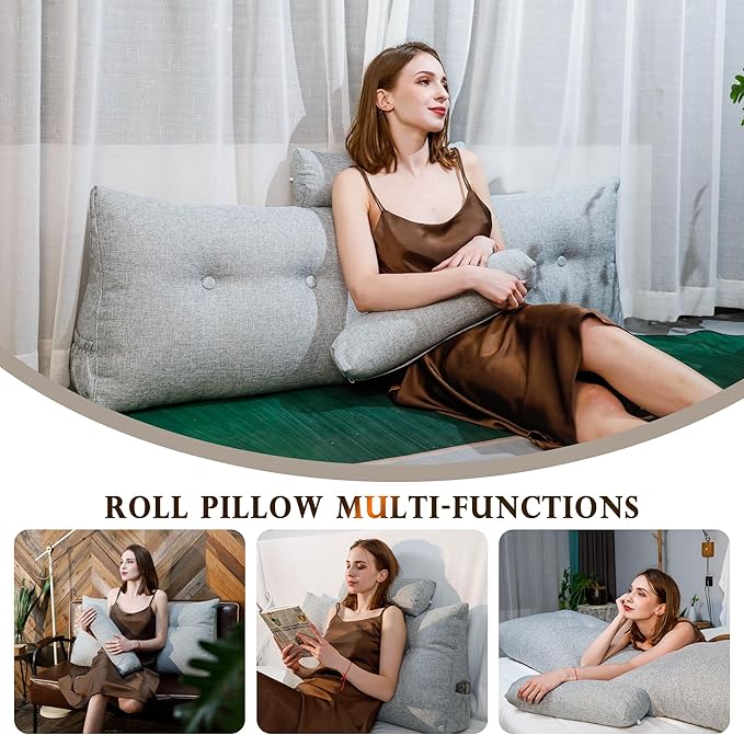 Twin Size Headboard Pillow - Premium Linen Fabric Reading Backrest Cushion for Bed & Sofa, Daybed Bolster Support with Detachable Neck Roll & Washable Cover, Grey