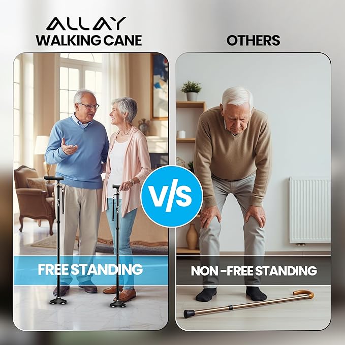 Allay Walking Canes for Men & Women - Adjustable Canes for Women for Stability, Self Standing Wide Quad Pivot Base, Light Weight, Soft Handle Grip and Travel Bag, Walking Sticks for Seniors & Adults