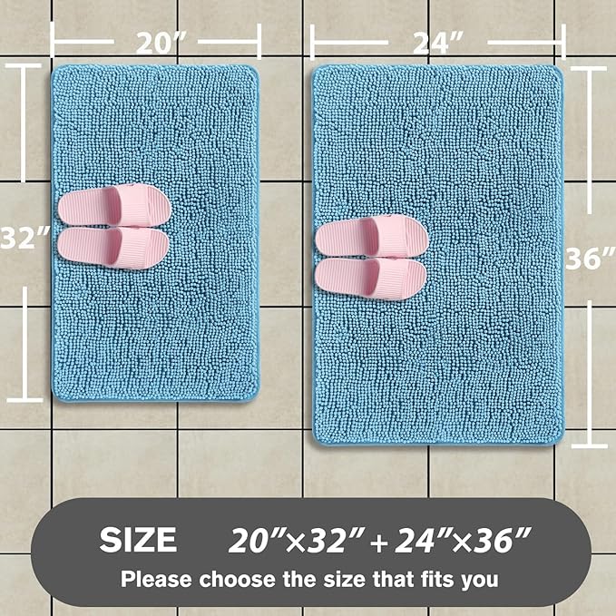Sky Blue Bathroom Rugs Sets 2 Piece – Absorbent and Washable Bath Mat, Non-Slip, Thick Soft Chenille Bath Rugs for Bathroom Floor, Shower, Sink - 20" x 32"+24" x 36"