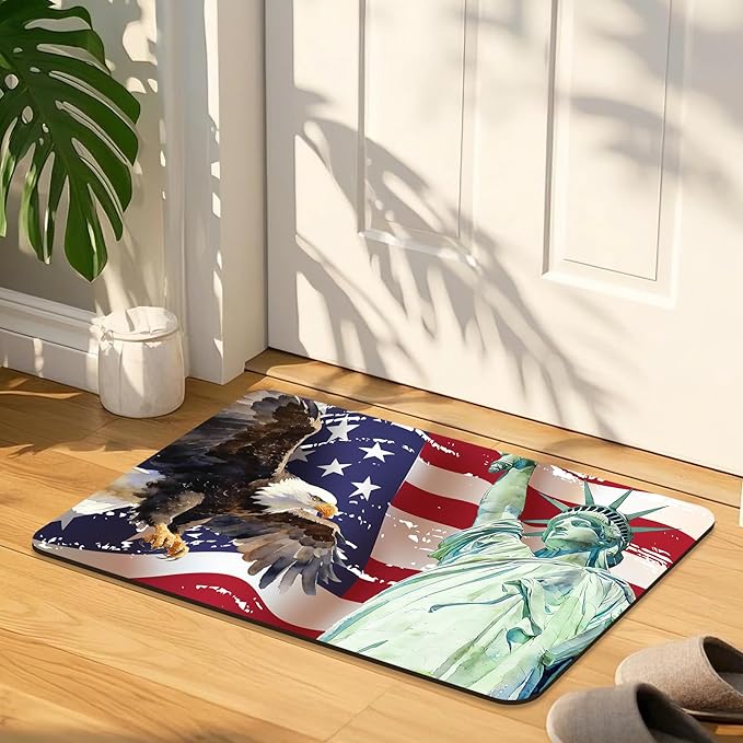 Quick Dry Bath Mat for Bathroom,Super Absorbent Patriotic 4th of July Welcome Bath Rug Non-Slip Rubber,Machine Washable Bathroom Floor Mat for Shower, Tub, Sink Area Independence Day Eagle 16x24