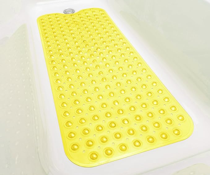 Extra-Long Non-Slip Bathtub & Shower Mat 39”x16” (Smooth/Non-Textured Tubs Only) Safe, Clean, Machine-Washable, Superior Grip&Drainage, Vinyl, Transparent Light Yellow