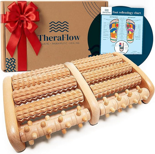 TheraFlow Foot Roller for Plantar Fasciitis Relief and Neuropathy Pain Relief for Feet - Wooden Foot Massager Roller Acupressure Tool with Reflexology Chart - Mom Gifts for Women and Men