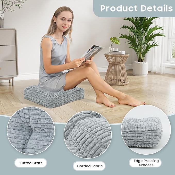 idee-home Recliner Cushions for Elderly, 20x20x5 Inch Corduroy Recliner Seat Cushion Tufted, Large Square Seat Cushion for Recliner Chair, Floor Pillow, Boosting Support Reduce Hip Pain, Light Grey