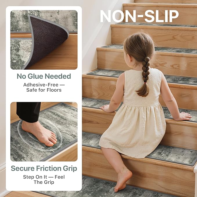 Non Slip Stair Treads for Wooden Steps 15PCS - 8"x30" Indoor Safety Carpet, Edging Mats with TPE Adhesive Backing, Pet and Elderly Friendly Stair Rugs (Muted Green/Beige)