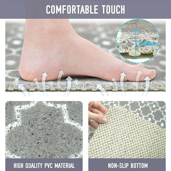 Square Shower Mat, 24 x 24 Inch Non Slip Gray Shower Stall Mat, Quick-Dry PVC Loofah Bath Mat for Shower Tub Bathroom