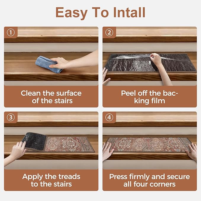 Non Slip Stair Treads for Wooden Steps 15PCS - 8"x30" Indoor Safety Carpet, Edging Mats with TPE Adhesive Backing, Pet and Elderly Friendly Stair Rugs (Brick)