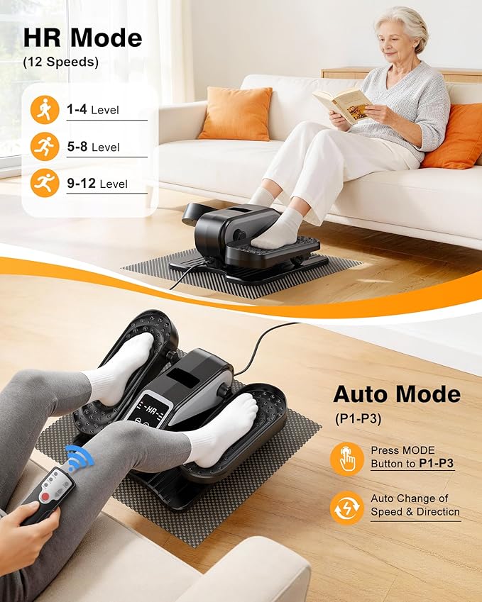 VIVURN® 023 Under Desk Elliptical Mini Electric Leg Exerciser for Senior, 12 Speeds RF Remote Display Monitor Non-Slip Mat, Quiet & Compact Seated Pedal Exerciser for Home Office Gift for Mom Dad