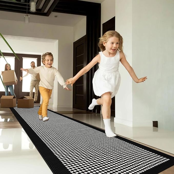 Ileading Runner Rug for Hallways 2.6'x12' Heavy-Duty Durable Entryway Floor Mat with Non Slip Rubber Backing Low-Pile High Traffic Carpet Machine Washable Accent Rug for Kitchen Helloween(Black&White)