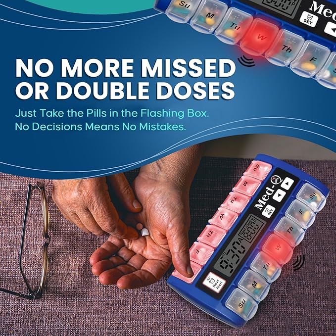 Med-Q Weekly Pill Organizer with Alarms | Automatic Electronic Pill Box with AM/PM Compartments, Flashing Light, Sound Alerts | Dual Color Combo 2 User | Medication Reminder for Seniors - Blue/White