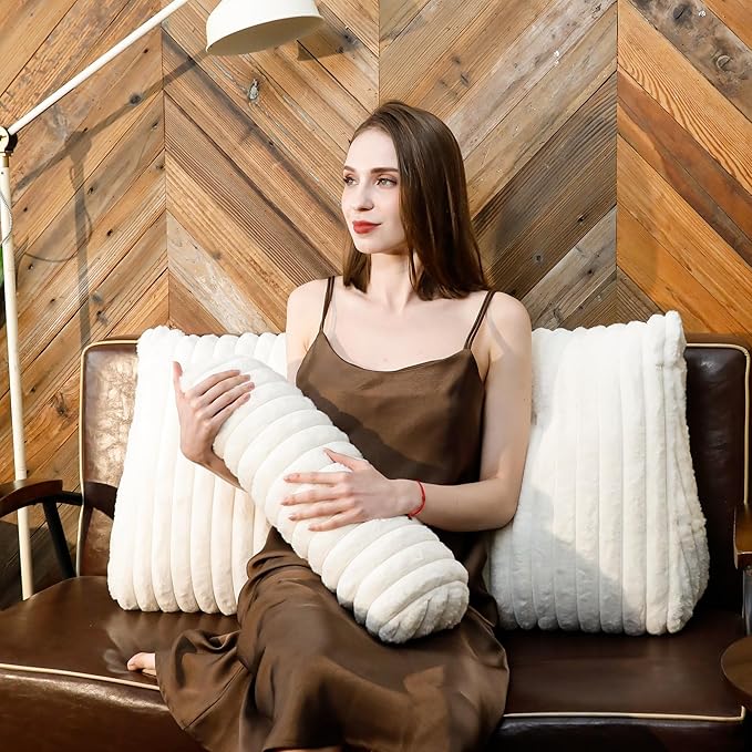 Luxury Faux Fur Headboard Pillow Twin Size - Triangular Wedge Cushion for Bed & Sofa, Fluffy Reading Backrest Bolster with Detachable Neck Roll, Washable Cover & Side Pocket, Ivory