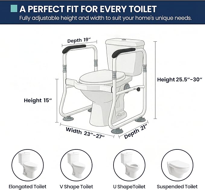 Toilet Safety Rail for Seniors - 300LBS Sturdy Adjustable Bathroom Assist Handle with Suction Cups, Tool-Free Installation, Ideal for Elderly, Post-Surgery, Mobility Impaired & Disabled