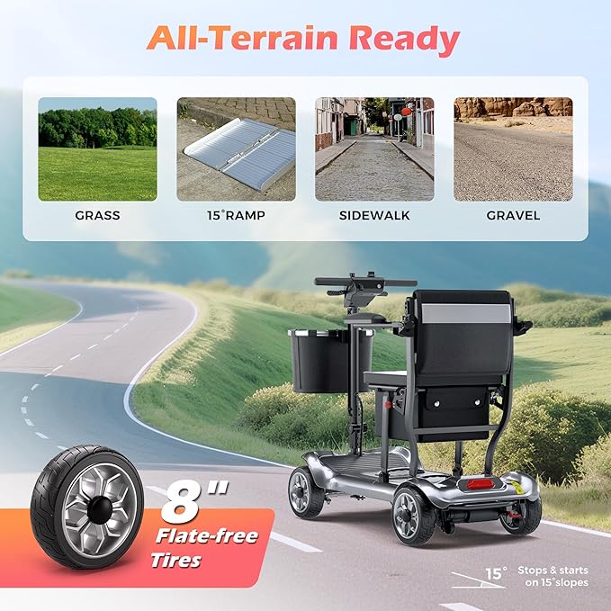 Lightweight Mobility Scooter for Adults & Seniors - Cruise & Airport Approved, 43lb Foldable Portable Motorized Scooters with Dual Lithium Batteries for 24.8 Miles Travel, 300lb Capacity, Silver