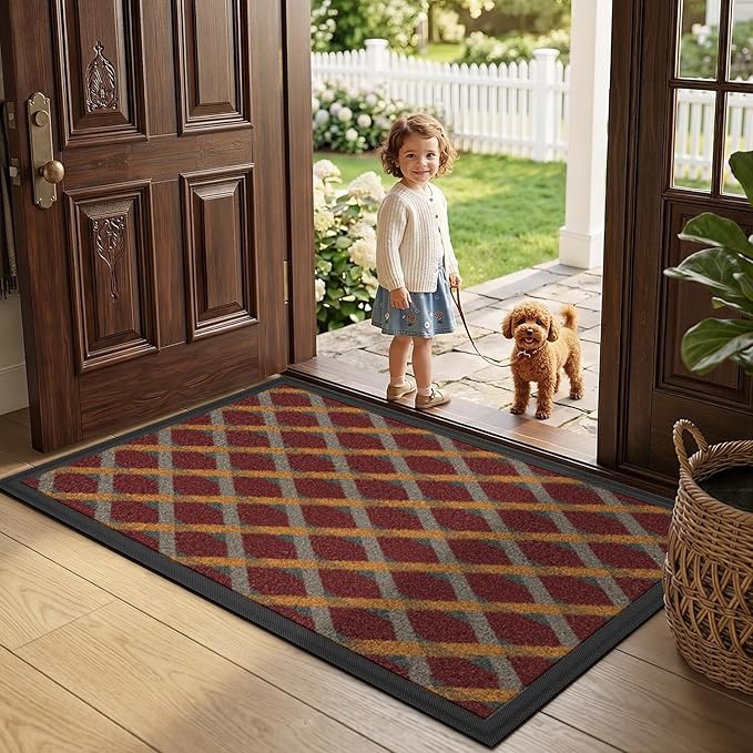 LUMI Front Door Mat 24x36, Low-Profile Non-Slip Welcome Mat for Indoor Outdoor, Stain & Fade Resistant Geometric Door Mat for Entryway Patio Porch, Weave-Rust
