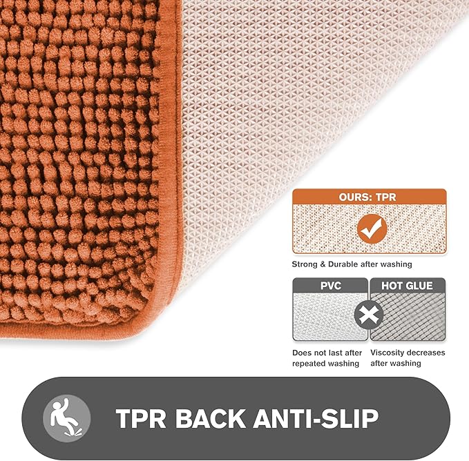 Burnt Orange Bathroom Rugs Sets 2 Piece – Absorbent and Washable Bath Mat, Non-Slip, Thick Soft Chenille Bath Rugs for Bathroom Floor, Shower, Sink - 17" x 24"+20" x 32"