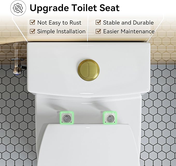 HOROW T0338WG One Piece Toilet with Gold Button, Elongated Toilet with Comfort Seat Height, ADA Chair Height 17.3", Dual Flush 0.8/1.28 GPF, Standard White Toilet Bowl, Gold Tank Button