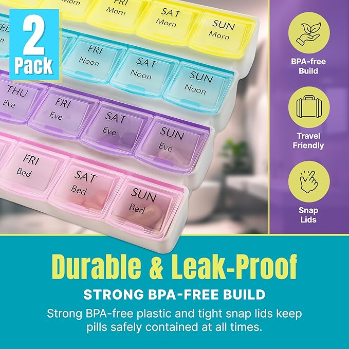 Weekly Pill Organizer - 4-Times-a-Day Pill Planner (Pack of 2) Pill Box Separates Pills & Vitamins with Daily Morning, Noon, Evening & Night Compartments, Travel Medication Reminder Monday to Sunday