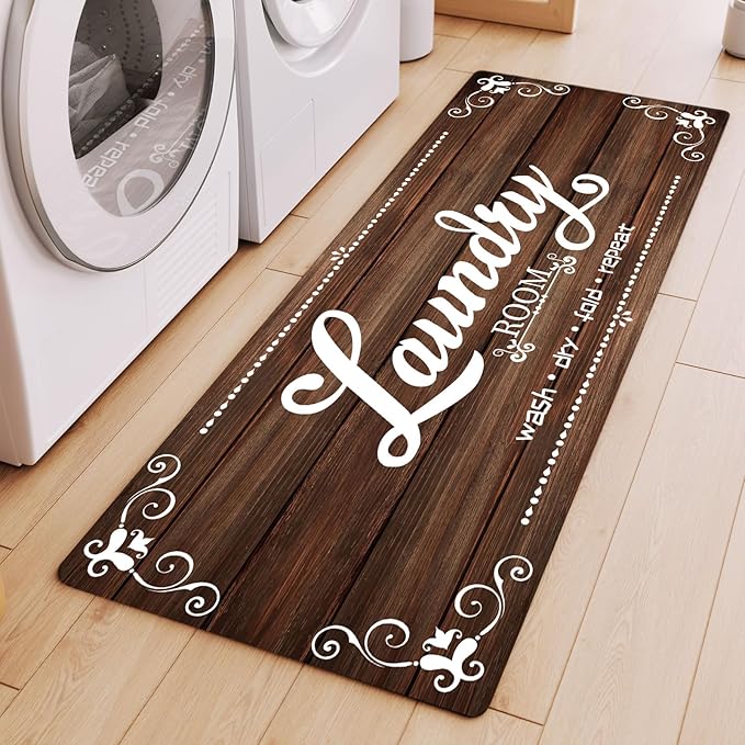 XLHOMO Laundry Room Rug Runner, 17.7"x45" Non Slip Brown Laundry Rugs, Farmhouse Washable Floor Laundry Mats for Laundry Room, Mudroom, Kitchen, Washroom, Bathroom, Hallway Entryway Area Rugs Decor
