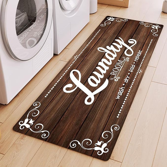 XLHOMO Laundry Room Rug Runner, 17.7"x45" Non Slip Brown Laundry Rugs, Farmhouse Washable Floor Laundry Mats for Laundry Room, Mudroom, Kitchen, Washroom, Bathroom, Hallway Entryway Area Rugs Decor