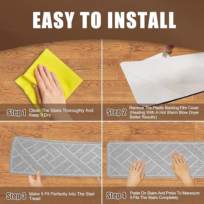 15 Pack 8" X 30" Non-Slip Carpet Stair Treads for Indoor Wooden Steps, Made of Polyester with Reusable Adhesive, Suitable for Kids Elders and Pets (Light Grey Lines)