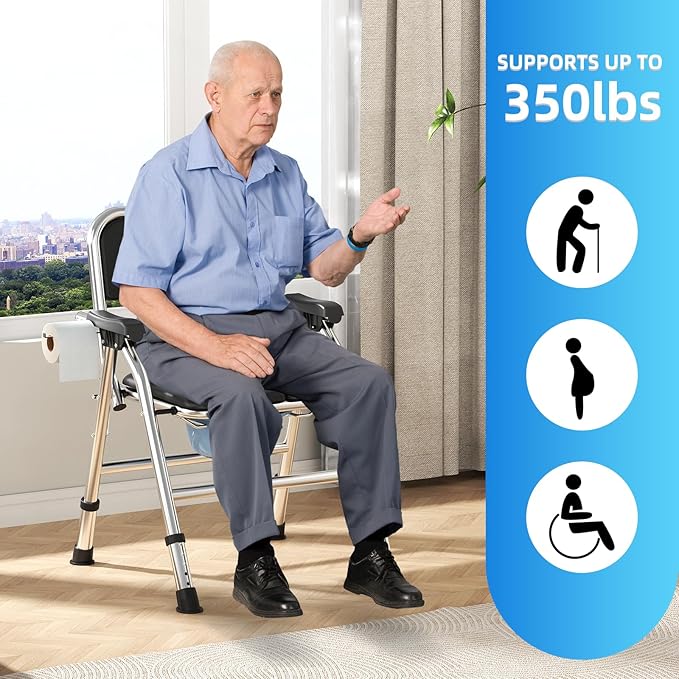 4 in 1 Folding Bedside Commode Chair for Elderly with Arms and Back,Adjustable Height Raised Toilet Seat with Handles,Adults Potty Chair for Seniors,Disabled and Pregnant