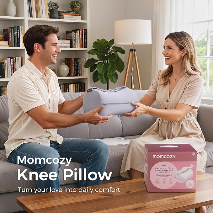 Momcozy Knee Pillow for Side Sleepers, Soft Memory Foam & Pinch-Free Design, Relieve Knee, Leg and Sciatica Pain, Adjustable Elastic Strap Ideal for Pregnant Women and Seniors, Cooling Cover, Gray