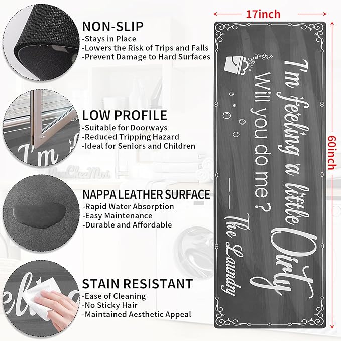 XLHOMO Laundry Room Rug Runner, 17"x60" Non Slip Nappa Leather Laundry Rugs, Grey Farmhouse Washable Floor Laundry Mats for Laundry Room, Entryway, Kitchen, Bathroom, Mudroom, Washroom, Hallway Decor
