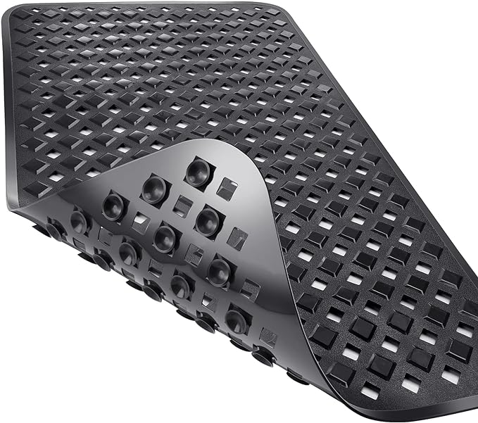 Yimobra Bathtub Mat Non Slip, Super Strong Suction Cups, 27.5"x15.5" Long Shower Mat with Drain Holes, Machine Washable Fast Draining Bath Mats, Bathroom Essentials,Black