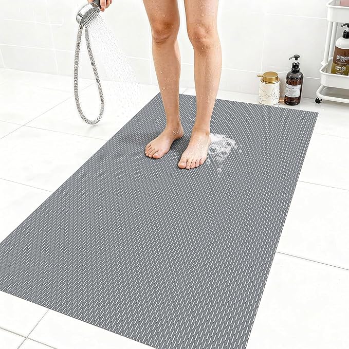 Extra Large Non-Slip Shower Mat, Fast-Dry PVC Bath Stall & Tub Mat, Drain-Hole Design,for Shower Stall Tub for Elderly/Kids，Non Slip Bathroom Safety Accessory，Gray 32"x58"