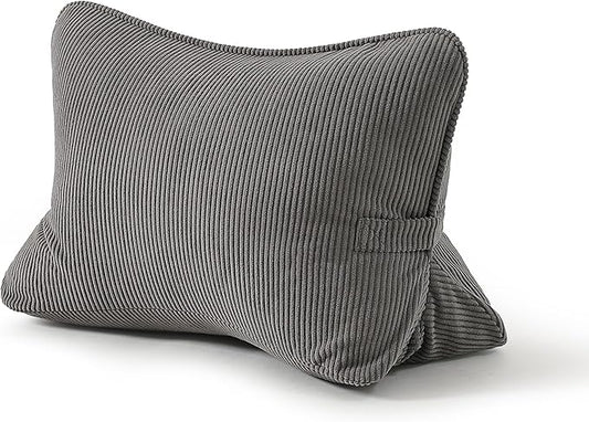 Pat. Pend. Corduroy Lumbar Support Backrest Pillow for Sitting & Reading, Ergonomic Triangle Cushion for Sofa, Armchair & Bed, Removable Cover, Dark Grey