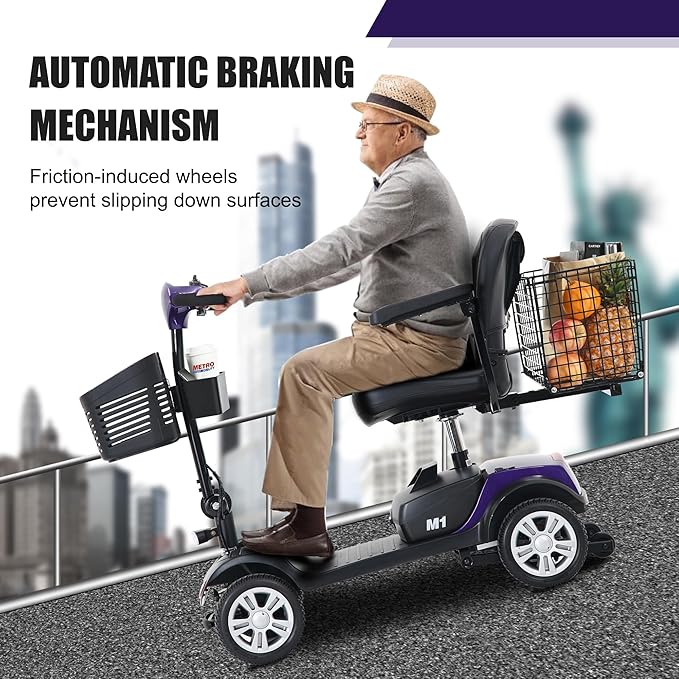 Metro Mobility 4 Wheel Folding Mobility Scooters for Seniors - 300 lbs Capacity Electric Scooter with Seat for Adults, Travel - Front & Rear LED Light - Purple