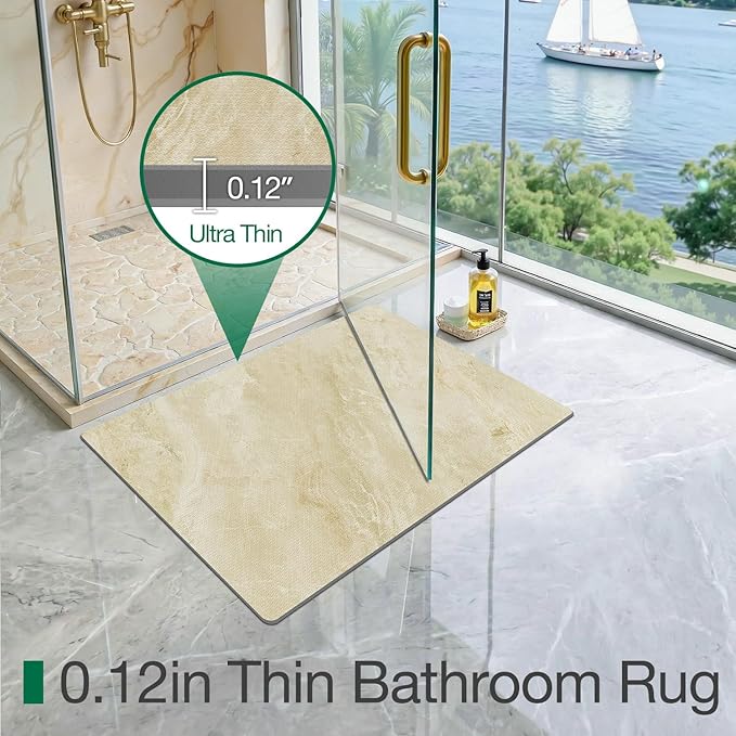 LUMI Ultra Thin Bath Mat, Super Absorbent Quick Dry Bathroom Rugs, Non-Slip Bathroom Mats, Marble Bathmats Fit Under Door, Bathtub, Sink, Shower Room, 24"x36", Beige