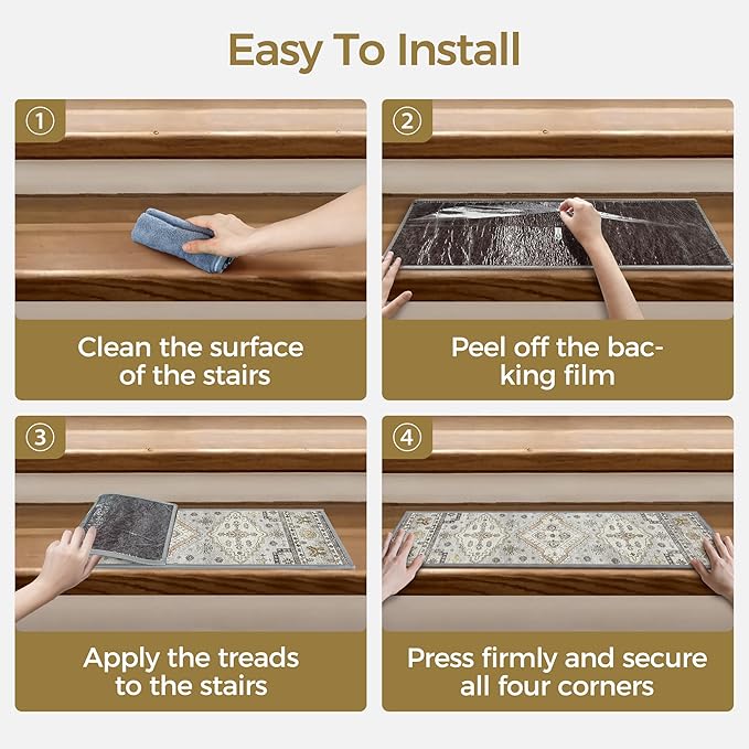 sarben Non Slip Stair Treads for Wooden Steps 15PCS - 8"x30" Indoor Safety Carpet, Edging Mats with TPE Adhesive Backing, Pet and Elderly Friendly Stair Rugs (Grayish)