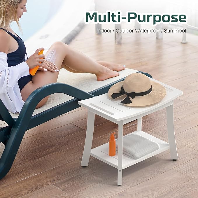 Waterproof Shower Benches for Inside Shower, Poly Lumber Shower Stool with Storage Shelf & Adjustable Feet, SPA Bathroom Seat Chair for Shaving Legs, Indoor or Outdoor Use, White