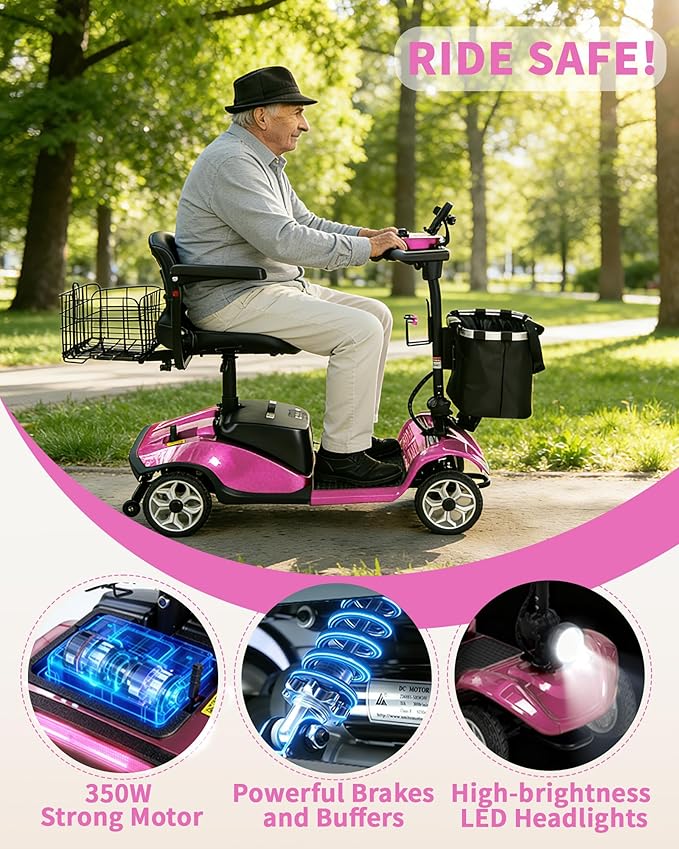 Mobility Scooter for Seniors/Adults, up to 300lbs Capacity, 4 Wheel Heavy Duty Mobility Scooters with 15 Miles 350W 5MPH，Front Basket, Adjustable Seat, LED Headlights