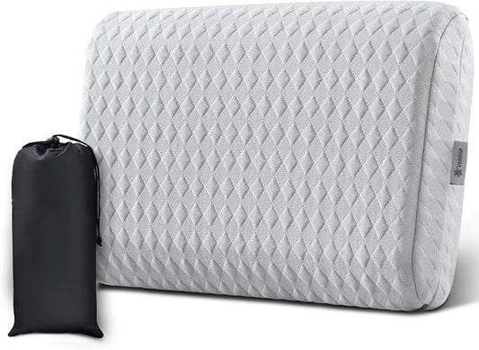 Vekkia Travel Pillow with Memory Foam, Portable and Compressible Camping Pillow with Washable Cover, Ergonomic Supportive for Sleeping, Ideal for Adults & Kids Travel, Hiking, Airplane, Car (Gray M)