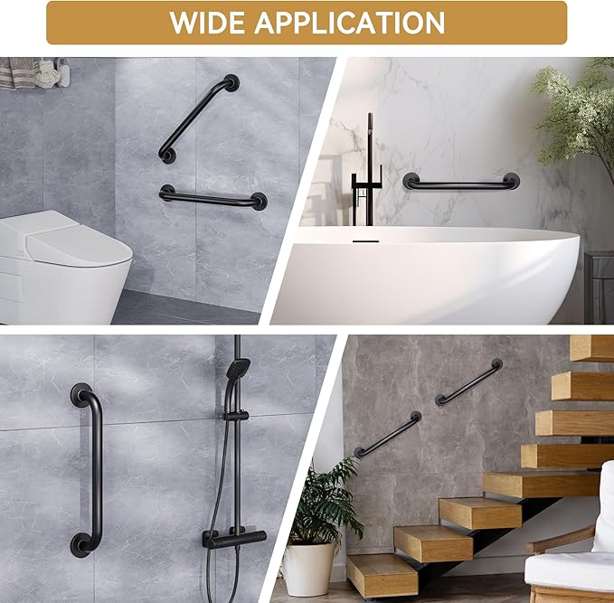 AmazerBath Shower Grab Bars for Seniors Anti Slip, Bath Safety Grab Bar for Needy, Stainless Steel Bathroom Safety Grab Bars, Thickened Bar Bigger Base Holds 500LBS, 16" L x 1" D, Black