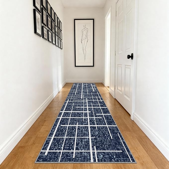 Non Slip Hallway Runner Rug 2x10, Blue Modern Distressed Stripe, Washable Long Rug, Woven Thin Low Pile Carpet Runners for Hallway 10ft Entryway, Kitchen, Walkway- Blue