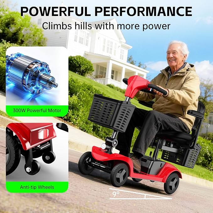 Mobility Scooter for Seniors,Motorized Scooter,Electric Scooter for Adults 300 lbs,Detachable Battery,Dual Baskets and Rear Tail Lights(Red)