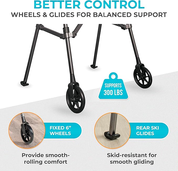 Stander Space Saver Walker, Lightweight Folding Rolling Mobility Aid for Seniors & Adults, Compact 2-Wheel Disability Device with 6-inch Wheels & Ski Glides for Walking Support, Black Walnut