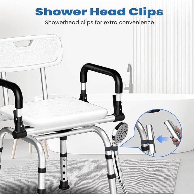 Swivel Shower Chair, 360° Rotating Adjustable Shower Seat with Pivoting Arms & Padded Seat, Heavy Duty 400 lbs Bath Chair for Elderly and Disabled in Shower Stall & Bathtub