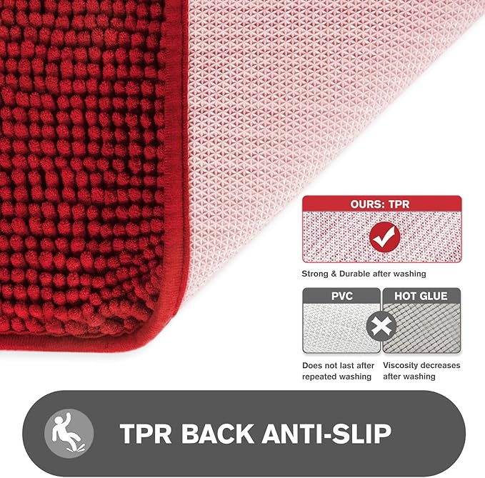 Small Bathroom Rug 12"x18" – Washable and Absorbent Bath Mat, Non Slip, Thick Soft Chenille Bath Rugs for Bathroom, Shower, Sink, Dog Mat(Red)