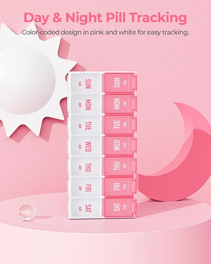 AMOOS Weekly Pill Organizer 2 Times a Day, Stylish Pill Box 7 Day AM PM with Large Compartments, Pill Case Easy to Use, BPA-Free Pill Container for Vitamins, Fish Oils, Supplements, Medicines, Pink