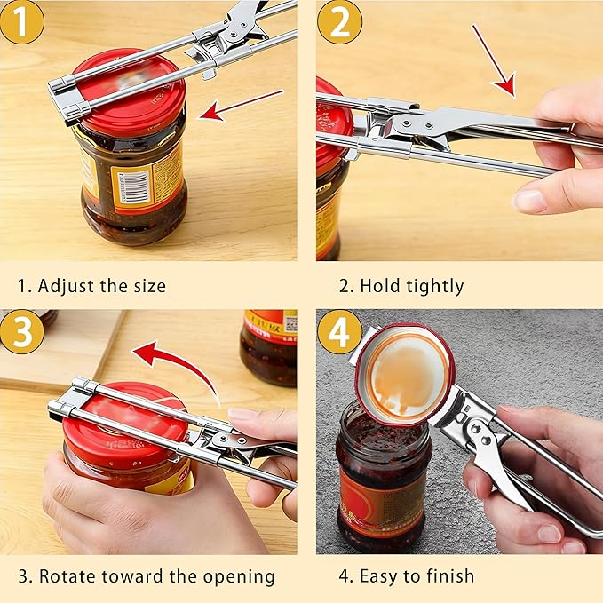 2PCS Adjustable Stainless Steel Jar Opener, Manual Can Opener for Arthritis Hands, Multifunctional Bottle Opener & Lid Gripper, Kitchen Gadgets for Seniors