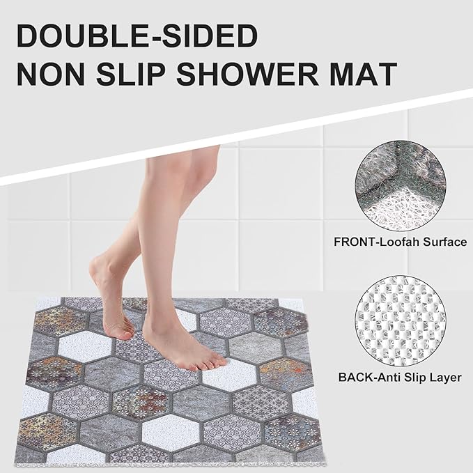 Non Slip Shower Mat: 24 X 24 Inch Stylish Square Shower Mats for Inside Shower - Soft PVC Loofah Trimmable Anti Slip Shower Mat for Elderly, Quick Drying