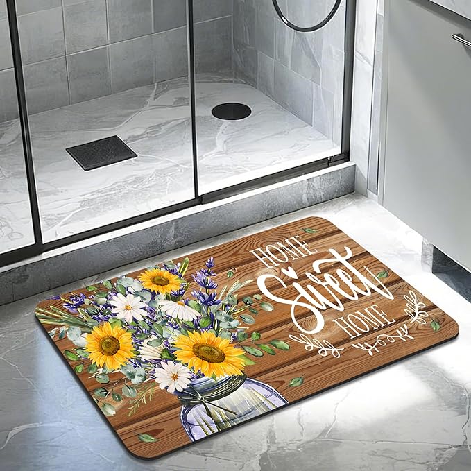 Quick Dry Bath Mat for Bathroom,Super Absorbent Sunflower Welcome Bath Rug Non-Slip Rubber,Machine Washable Bathroom Floor Mat for Shower, Tub, Sink Area Sweet Home Wooden 16x24