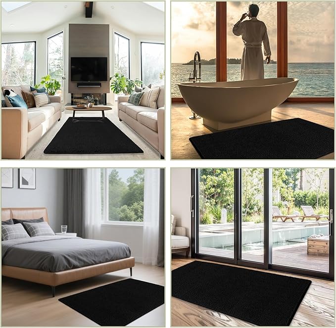 Bathroom Rugs 40 x 60 Inch – Extra Large Bath Mat | Absorbent and Washable Thick Chenille Bath Rugs Non-Slip Runner Rug for Bathroom, Shower, Tub(Black)