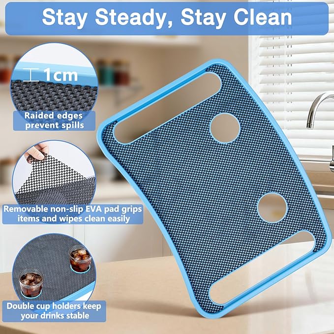 Walker Tray for Seniors with Dual Cup Holders, Side Pouch and Non-Slip Pad, Lightweight Durable Food & Drink Table, Compatible with Walker of 10210-1 Model (Blue)