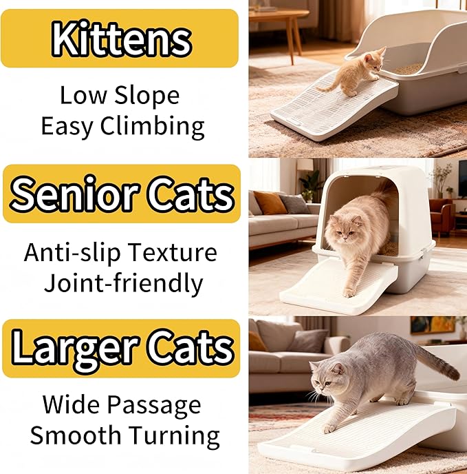 Cat Litter Box Step Ramp with Litter Catcher, Non-Slip Trapping Mat for Kittens and Senior Cats, Washable (White, Large)