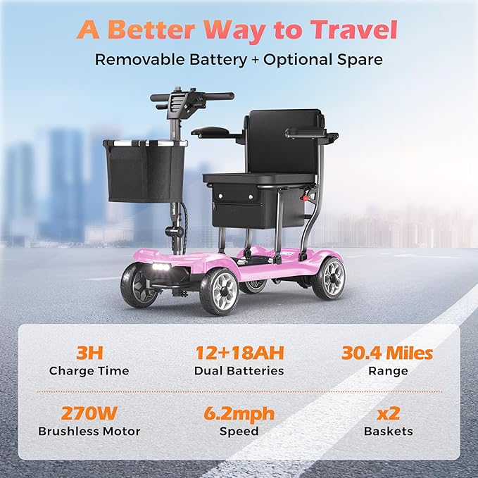 Lightweight Mobility Scooter for Adults & Seniors - Cruise & Airport Approved, 43lb Foldable Portable Motorized Scooters with Dual Lithium Batteries for 24.8 Miles Travel, 300lb Capacity, Pink